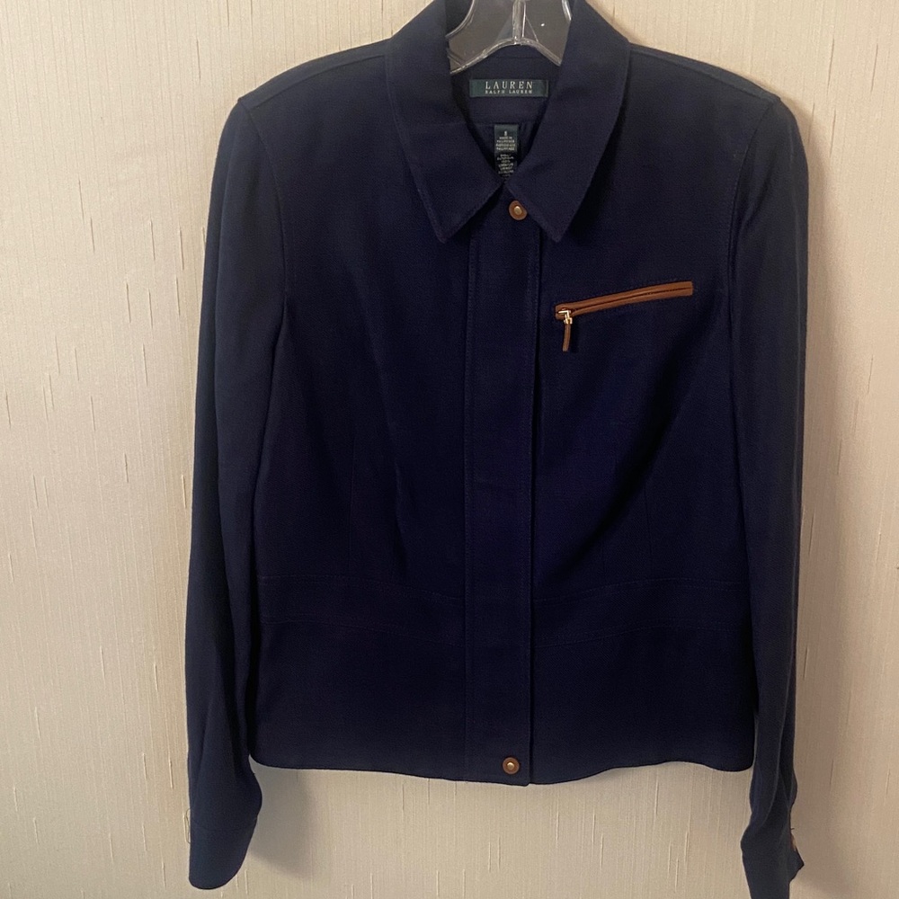 Lauren Ralph Lauren Women's Dark Blue Utility Jacket With Leather Accents